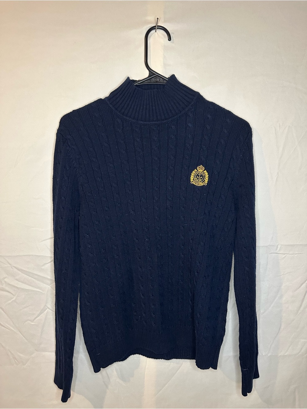 Ralph Lauren Navy Cable-Knit Turtleneck with Gold Crest Patch